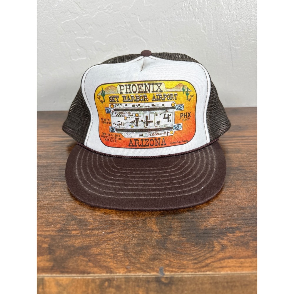 Vintage 1993 Phoenix Sky Harbor Airport PHX Trucker Hat Otto Cap Brown Mesh